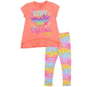 Wonder Woman Toddler Tee and Leggings Set Girls Short Sleeve Tshirt Coral 2T